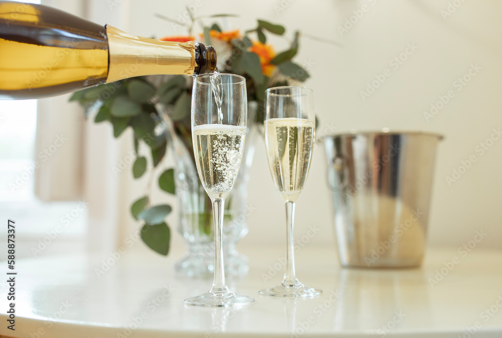 Closeup Of Sparkling Wine Pouring In Glasses On Table Indoors - obrazy, fototapety, plakaty 