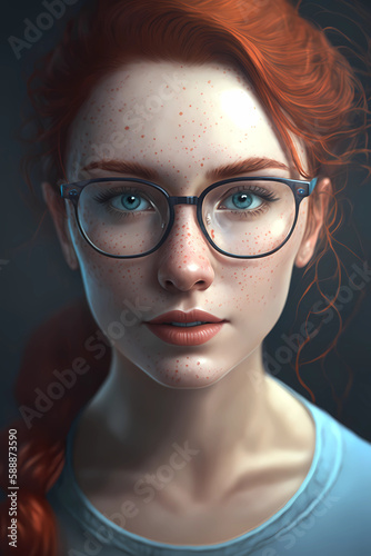 portrait of a redhead woman with glasses looking at the camera