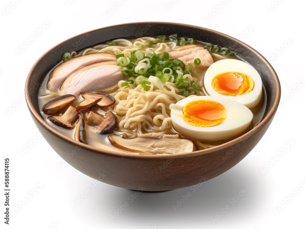 Ramen soup with noodles, leek, nori, shiitake mushroom, soft egg and chashu chicken isolated on white background. With clipping path.