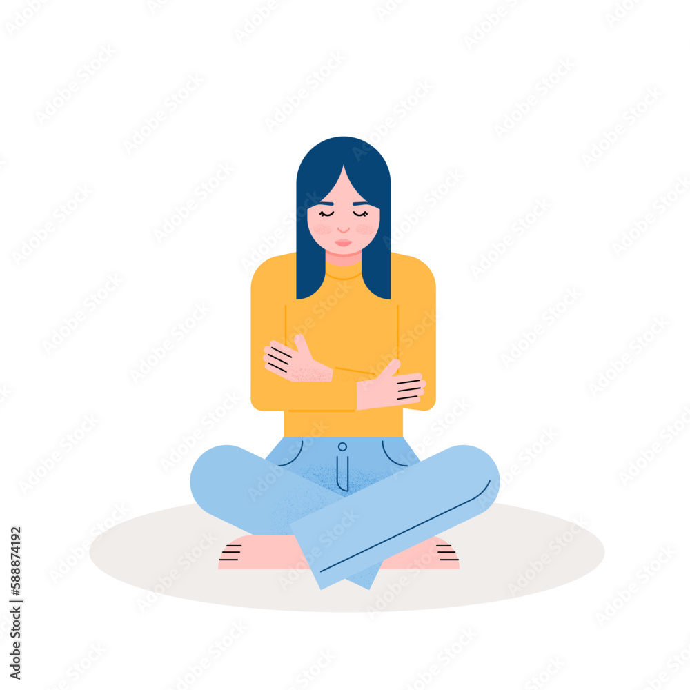 Woman sitting cross-legged hugging herself. Concept of anxiety, depression, loneliness, mental health. Vector illustration, flat design