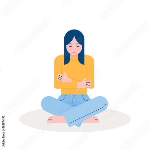 Woman sitting cross-legged hugging herself. Concept of anxiety, depression, loneliness, mental health. Vector illustration, flat design