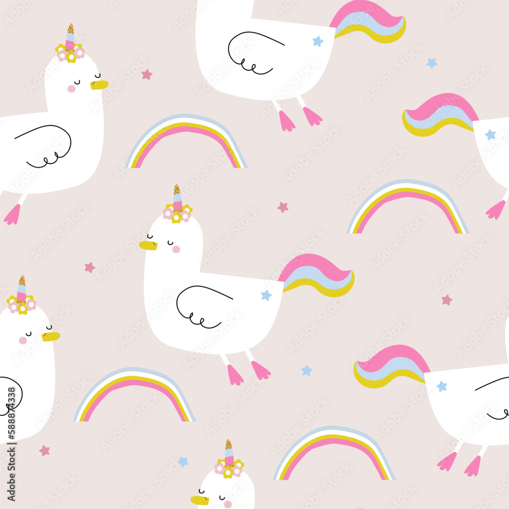Funny duck unicorn and rainbow seamless pattern. Childish trendy print. Vector hand drawn illustration. Funny duck unicorn and rainbow seamless pattern. Childish trendy print. Vector hand drawn illustration.