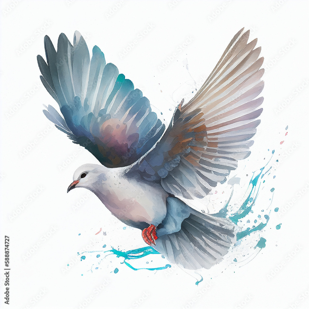 Obraz premium Watercolor portrait drawing of a Flying Dove. Generative AI