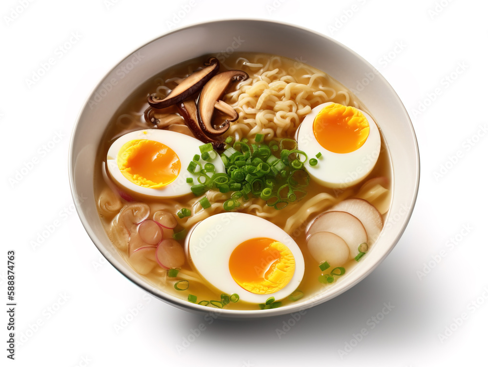 Ramen soup with noodles, leek, nori, shiitake mushroom, soft egg and chashu chicken isolated on white background. With clipping path. Ramen soup with noodles, leek, nori, shiitake mushroom, soft egg and chashu chicken isolated on white background. With clipping path.