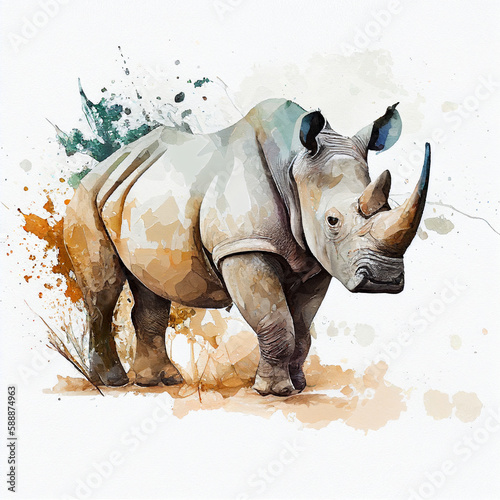 Watercolor portrait drawing of a Rhino. Generative AI