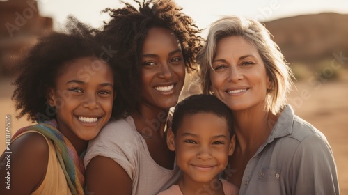 An image of a loving LGBT family, with two lesbian parents and their children, smiling and embracing each other, against a warm and welcoming background. Generative AI