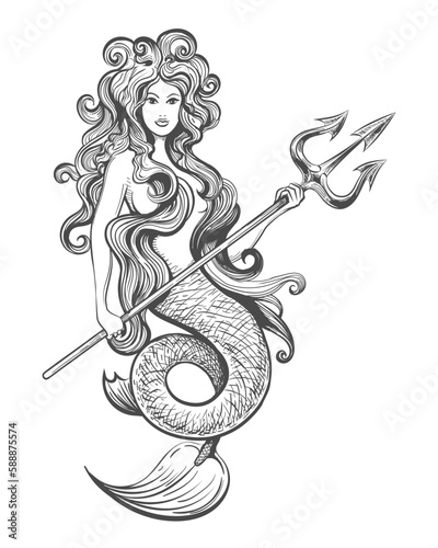 Mermaid with Trident Monochrome Tattoo