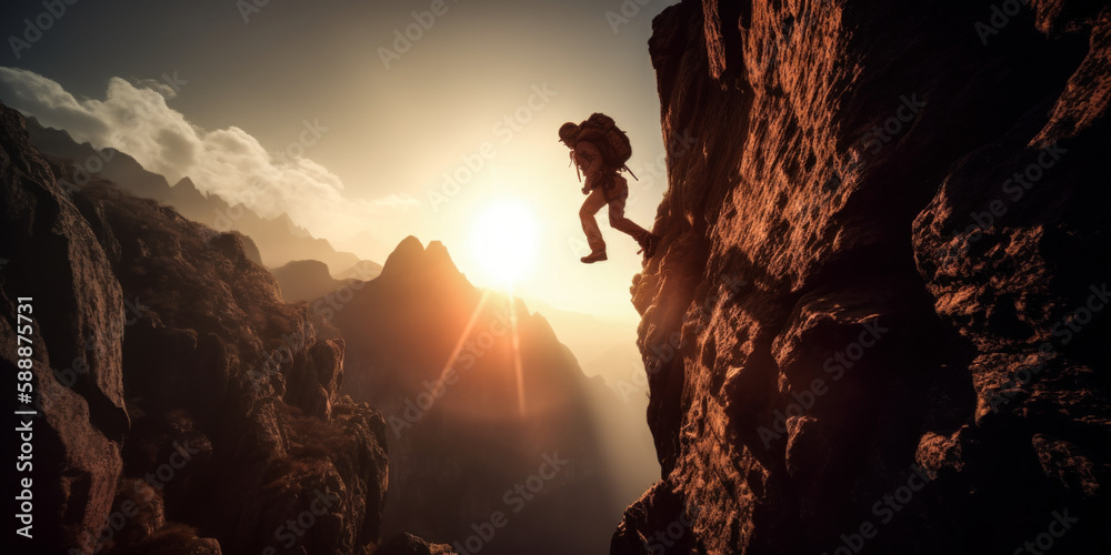 Leap of Faith: Climber jumping between mountain cliffs