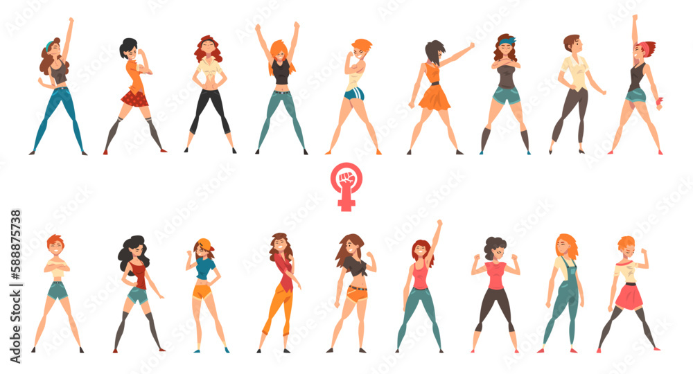 Woman protesters standing with fists raised up at demonstration set. Girls protesting against discrimination. Women resist symbol cartoon vector illustration Woman protesters standing with fists raised up at demonstration set. Girls protesting against discrimination. Women resist symbol cartoon vector illustration