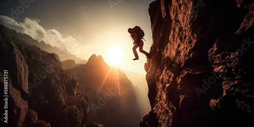 Leap of Faith: Climber jumping between mountain cliffs