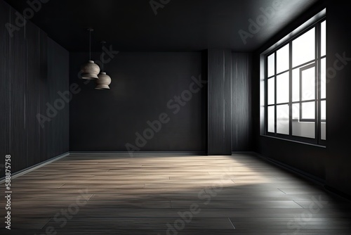 Black wall in an empty space for the mockup. Background of a black wall. Unoccupied room. Generative AI