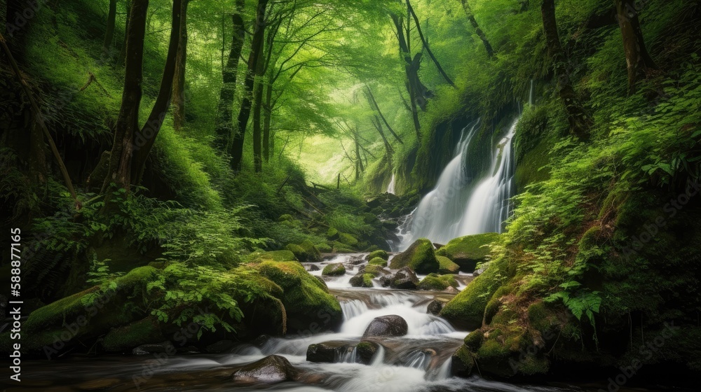 Obraz premium Waterfall cascade in a green forest. Generative AI
