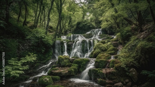 Waterfall cascade in a green forest. Generative AI