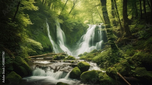 Waterfall cascade in a green forest. Generative AI