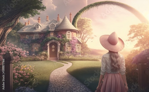 rainbow unicorn house, woman in romantic pink dress, walking along rose garden path leading to fabulous rainbow unicorn house photo