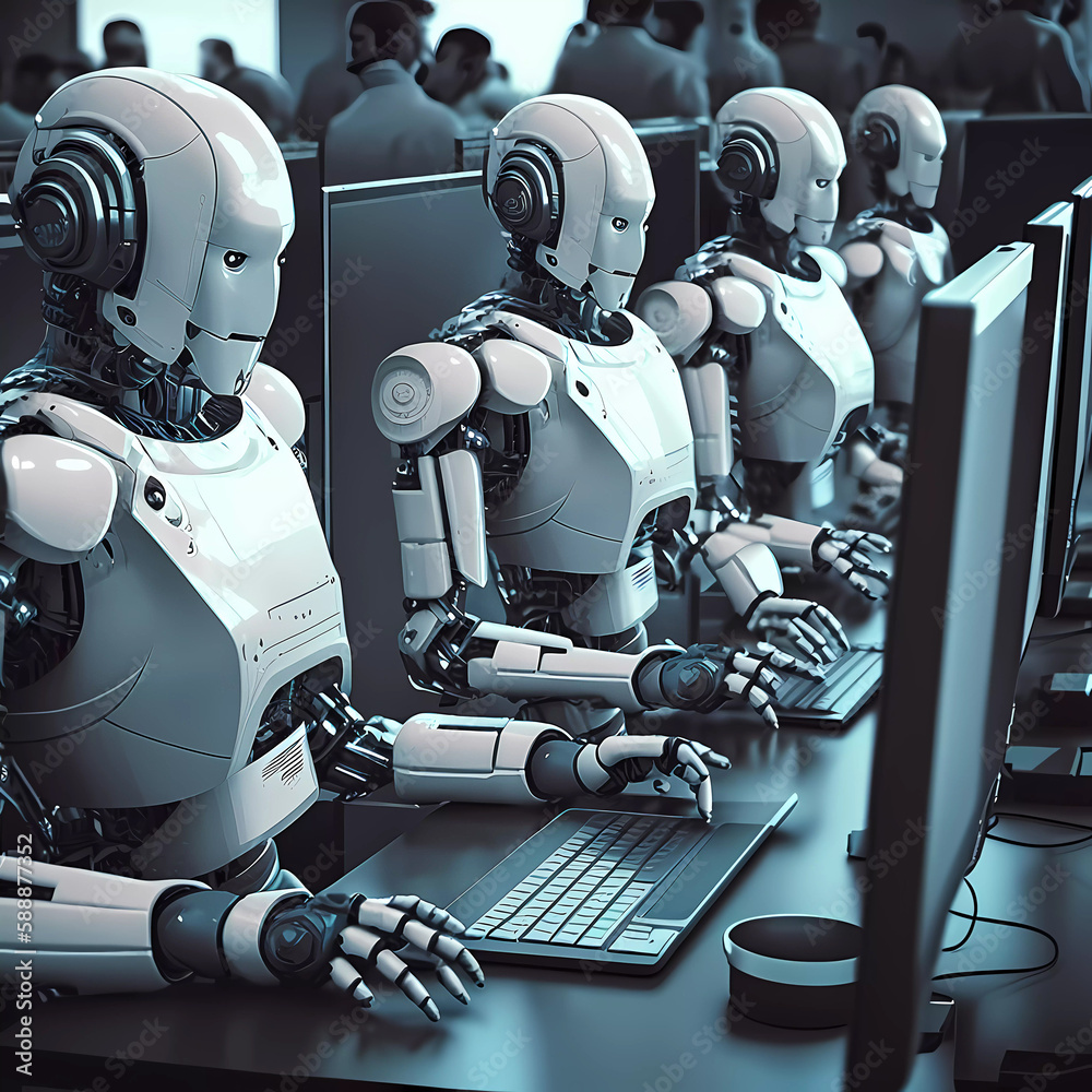 humanoids in the office work at the computer in the office. Banner. Generative AI humanoids in the office work at the computer in the office. Banner. Generative AI