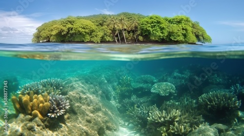 Tranquil sea water surface and underwater in a sunny day. Based on Generative AI