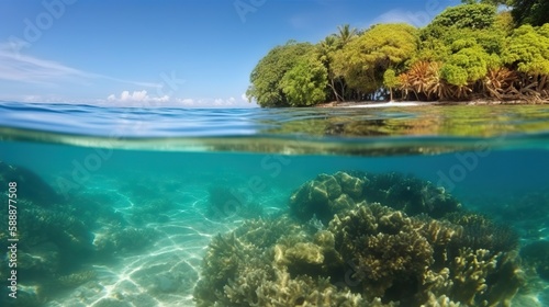 Tranquil sea water surface and underwater in a sunny day. Based on Generative AI