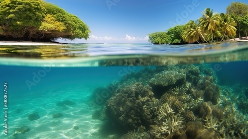 Tranquil sea water surface and underwater in a sunny day. Based on Generative AI