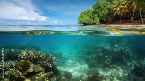 Tranquil sea water surface and underwater in a sunny day. Based on Generative AI