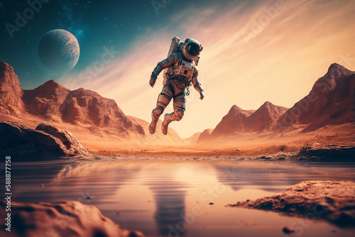 Astronaut floating in the air on an Alien Planet Illustration, Generative AI