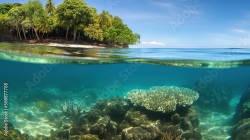 Tranquil sea water surface and underwater in a sunny day. Based on Generative AI