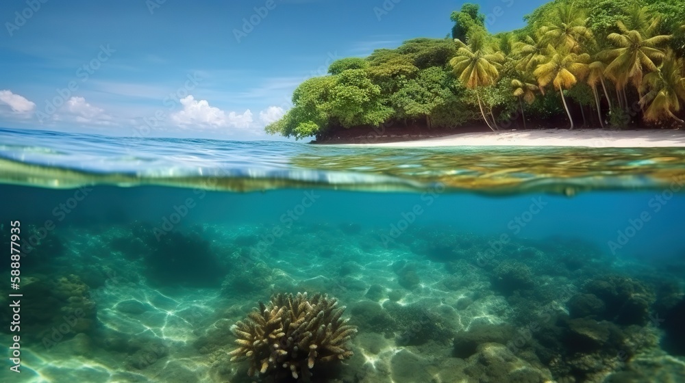 Tranquil sea water surface and underwater in a sunny day. Based on Generative AI Tranquil sea water surface and underwater in a sunny day. Based on Generative AI