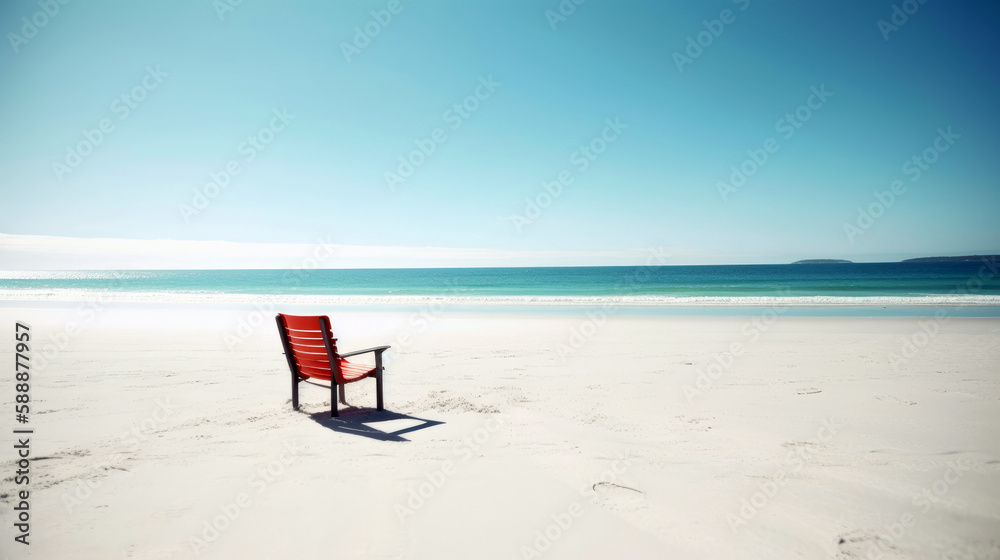 sandy beach with a single beach chair facing the calming ocean waves (created with Generative AI) sandy beach with a single beach chair facing the calming ocean waves (created with Generative AI)
