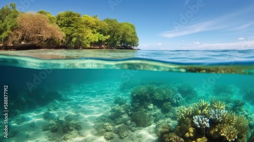 Tranquil sea water surface and underwater in a sunny day. Based on Generative AI