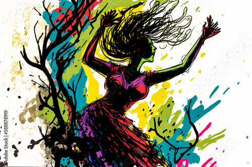 Woman dancing expressly with a sense of liberation and freedom. Use bright, vibrant colors to capture the energy and emotion. Generative AI