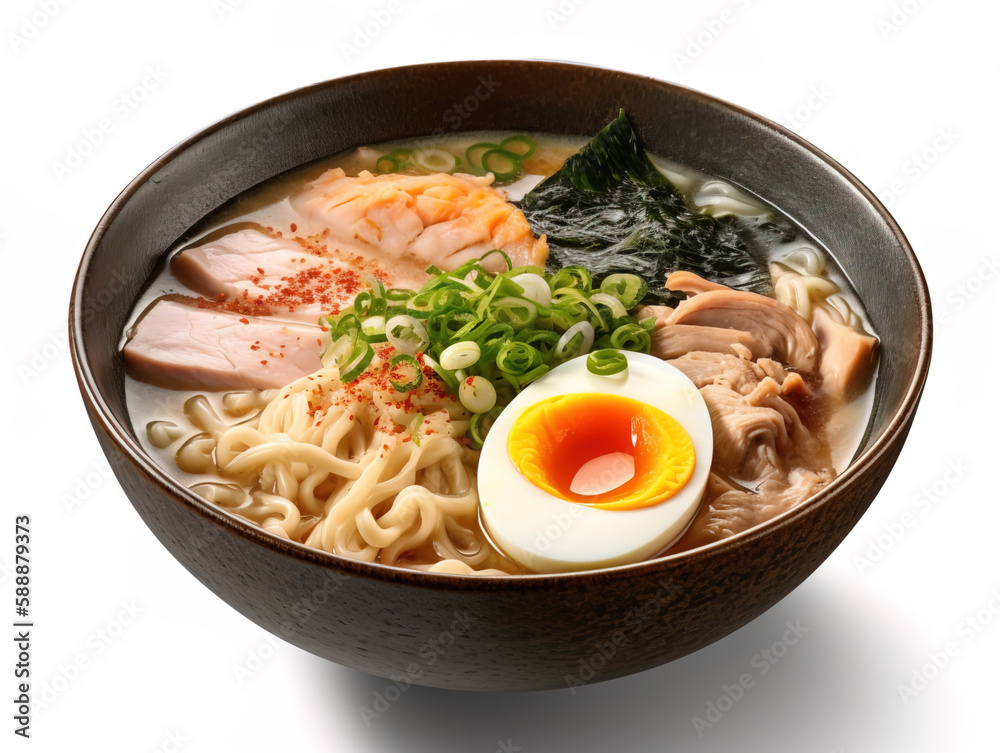 Ramen soup with noodles, leek, nori, shiitake mushroom, soft egg and chashu chicken isolated on white background. With clipping path.