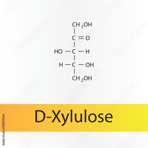 Straight chain form chemical structure of D-Xylulose sugar. Scientific vector illustration on white and orange background.
