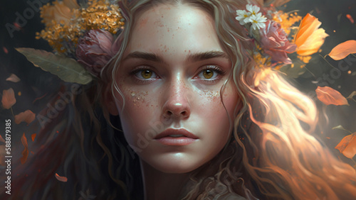 Illustration of blonde girl with blossoms in hair, art noveau style. Created with Generative AI. photo