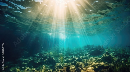 Underwater sea in blue sunlight. Generative AI © AdriFerrer
