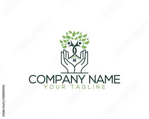 people tree, home and hands outline logo concept. home care, people care and hand care, vector illustration.