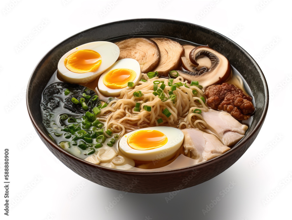 Ramen soup with noodles, leek, nori, shiitake mushroom, soft egg and chashu chicken isolated on white background. With clipping path. Ramen soup with noodles, leek, nori, shiitake mushroom, soft egg and chashu chicken isolated on white background. With clipping path.