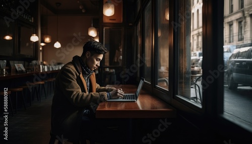 A business person working on a laptop at a coffee shop  promoting the idea of remote work. Generative AI