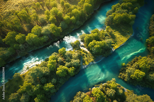 The summer aerial view reveals a lush green landscape dotted with turquoise lakes and meandering rivers