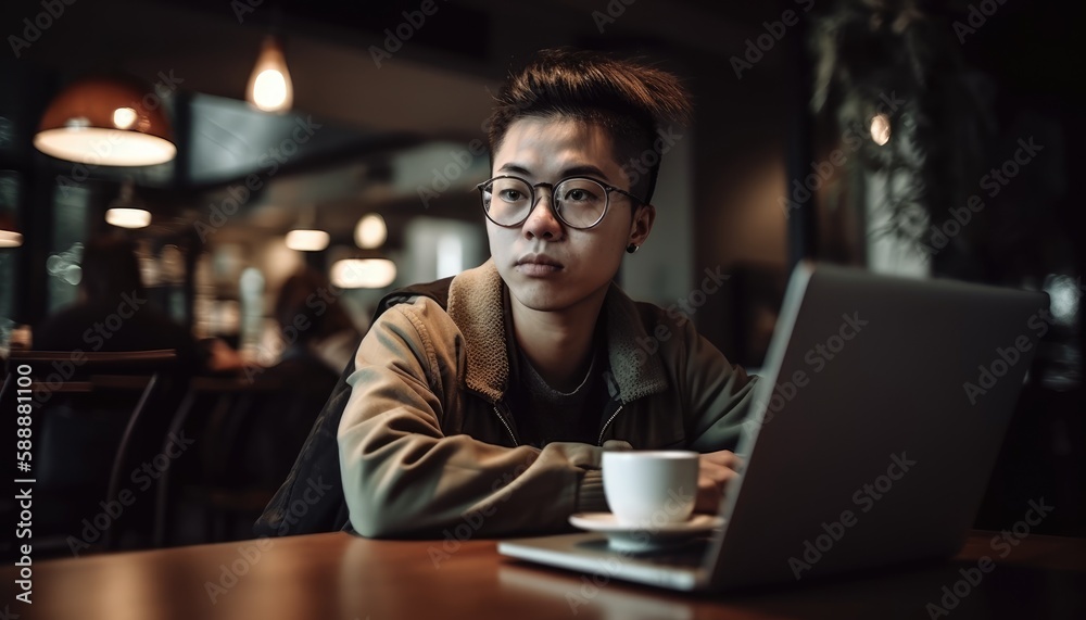A business person working on a laptop at a coffee shop, promoting the idea of remote work. Generative AI A business person working on a laptop at a coffee shop, promoting the idea of remote work. Generative AI