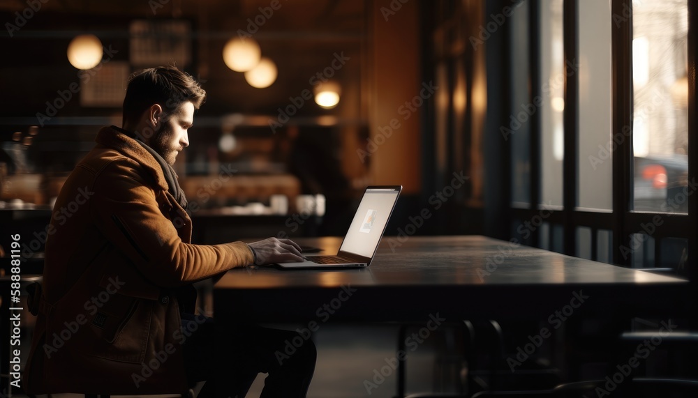 A business person working on a laptop at a coffee shop, promoting the idea of remote work. Generative AI A business person working on a laptop at a coffee shop, promoting the idea of remote work. Generative AI