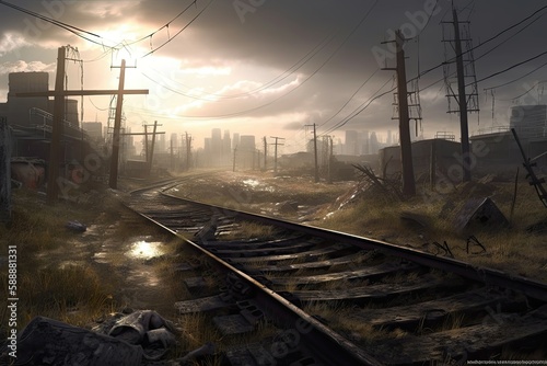 Post-apocalyptic wasteland where survivors must navigate dangerous obstacles. Generative AI