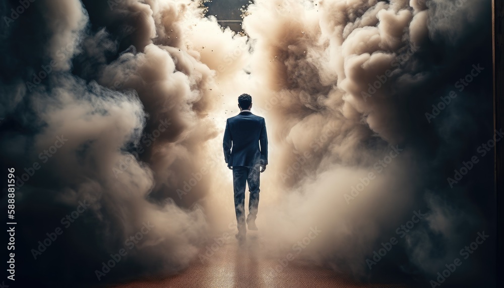 A business person emerging from a cloud of smoke, like a superhero making a entrance. Generative AI