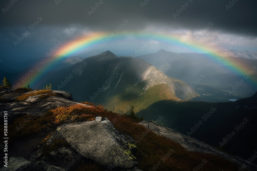 Hill or mountain peak with beautiful rainbow after a rain. Colorful beautiful scenery lanscape. Ai generated
