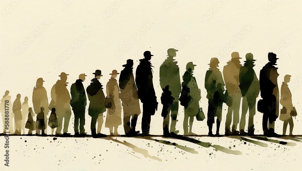 People in winter clothes and hats stand in line, watercolor illustration. Generative AI - obrazy, fototapety, plakaty 