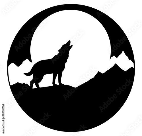 Coyote Vector Silhouette with Mountains and Moon Backdrop