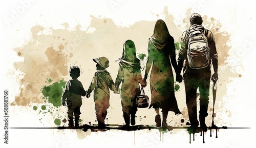 refugee family silhouette, watercolor illustration. Generative AI