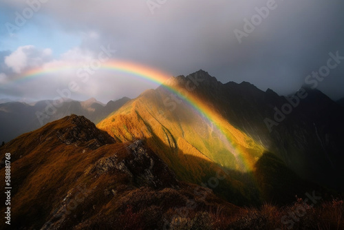 Hill or mountain peak with beautiful rainbow after a rain. Colorful beautiful scenery lanscape. Ai generated © dragomirescu