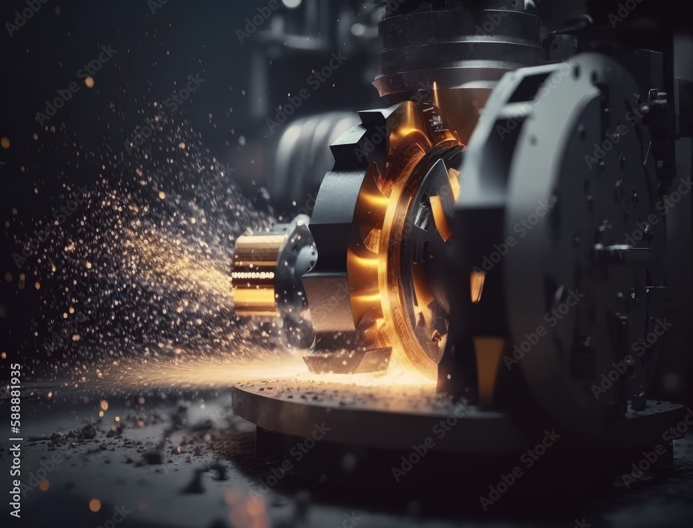 Metal machine tools industry. CNC turning machine high-speed cutting is operation. flying sparks of metalworking. Generative AI Metal machine tools industry. CNC turning machine high-speed cutting is operation. flying sparks of metalworking. Generative AI