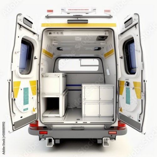 Rear view of the interior of an open ambulance isolated on a white background. Generative AI