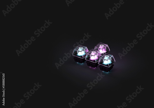 Glass buttons from a computer keyboard. 3d render on gaming, computer technology, PC. Modern minimal style. Dark background.